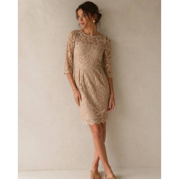 Milly Dresses & Skirts - Milly of New York Champagne Floral Lace Sheath Dress Beige 3/4 Sleeve Size 0